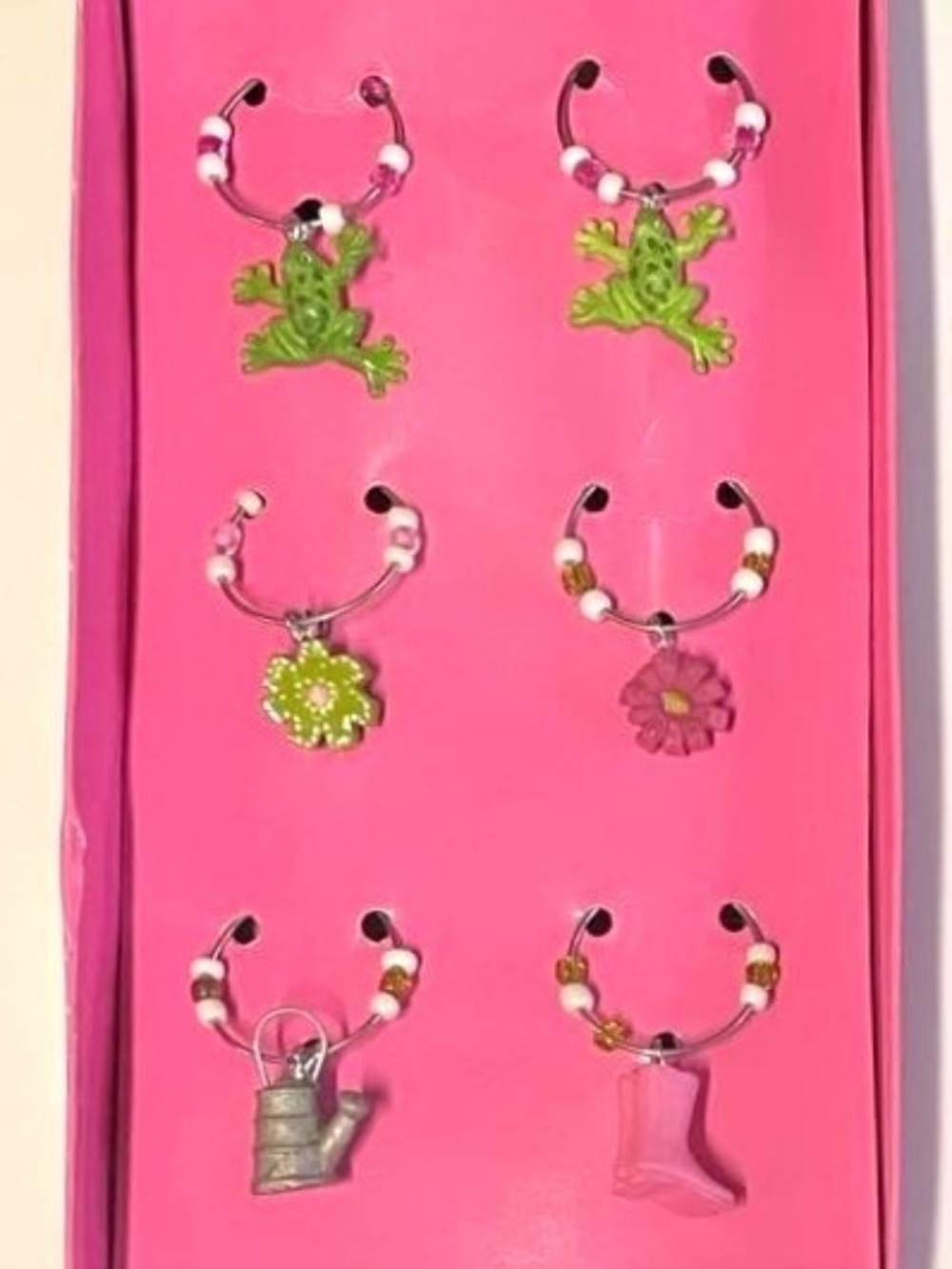 Boston Warehouse Set 6 Wine Glass Stem Charms Garden Frogs Flowers Boots Fun NEW